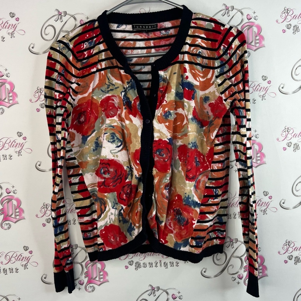 Funsport button up cardigan long sleeve  Floral Striped Cardigan - Red and Cream